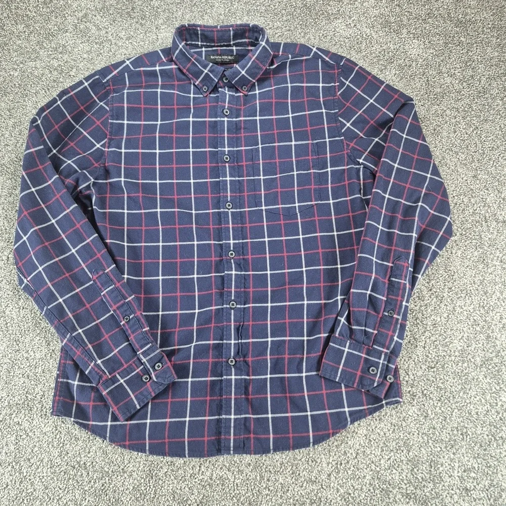 Banana Republic Luxe Flannel Shirt‎ Mens Medium Navy Plaid Untucked Slim Fit